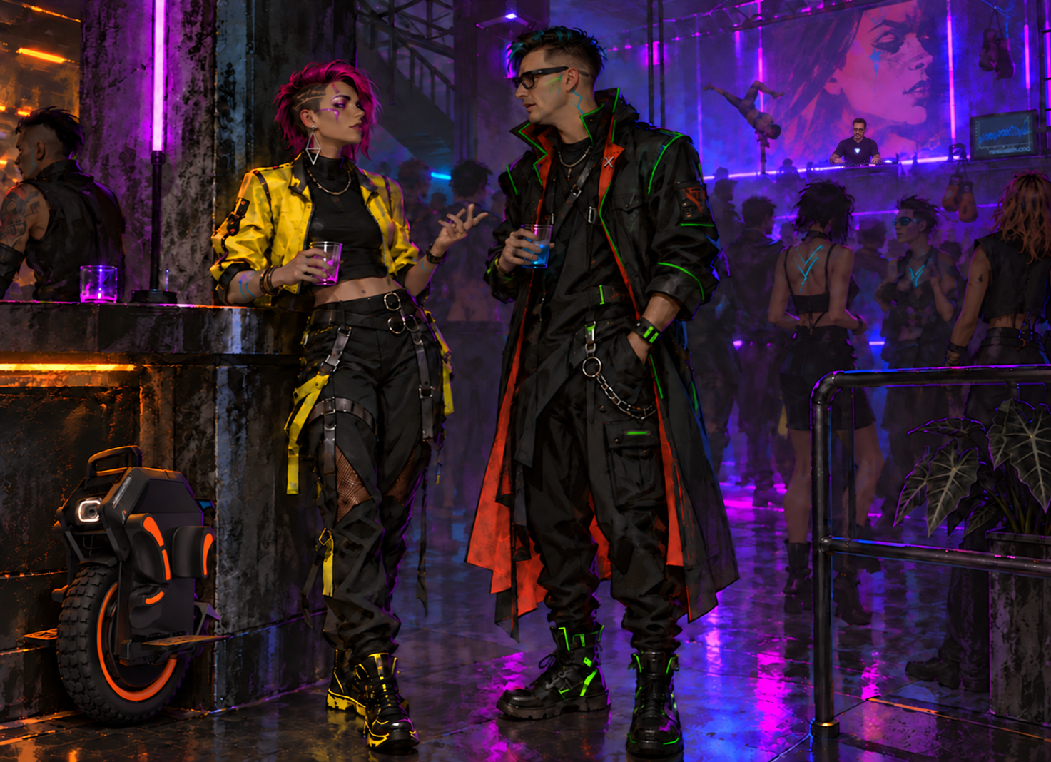 Illustrated outfit inspiration: a woman in a yellow cyberpunk jacket and a man in a long black coat with neon-green details in a UV-lit nightclub
